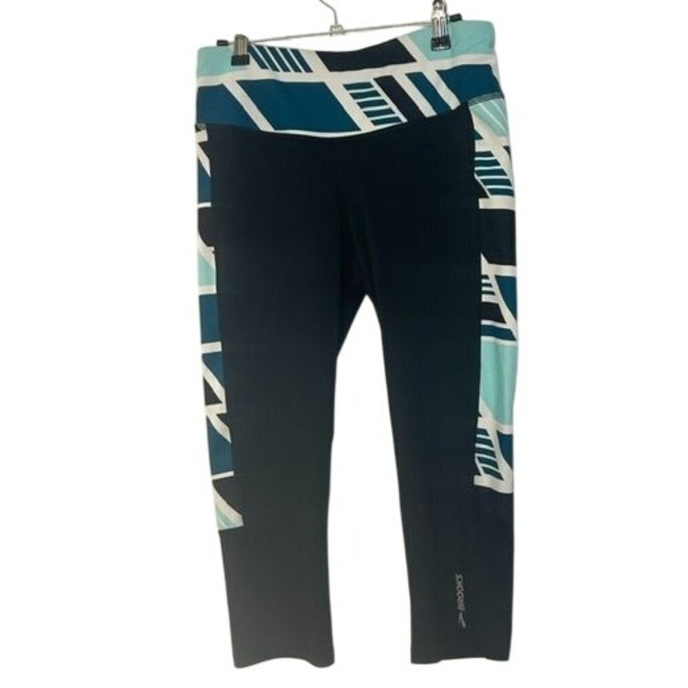 Brooks Mid-Rise Geometric Print Capri Leggings Size M Black Blue Stretch Pockets
